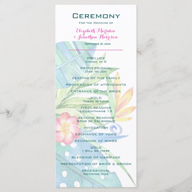 Elegant Tropical Floral Teal Berry Pink Wedding Programme (Front)