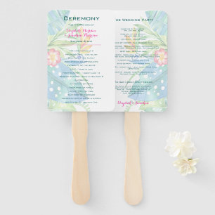 Elegant Tropical Floral Teal Pink Wedding Program Hand Fan