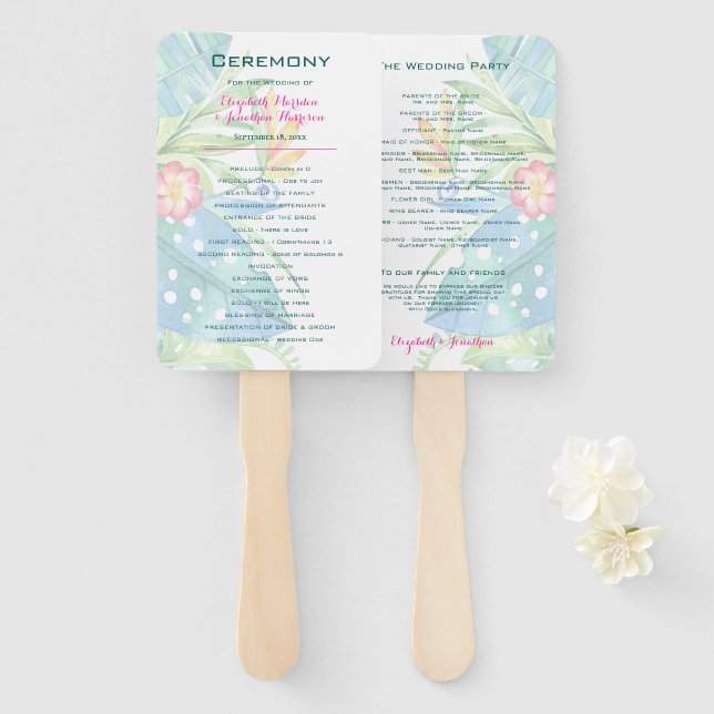 Elegant Tropical Floral Teal Pink Wedding Program Hand Fan (Front and Back)