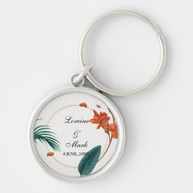 Elegant Tropical Floral Wedding Key Ring (Front)