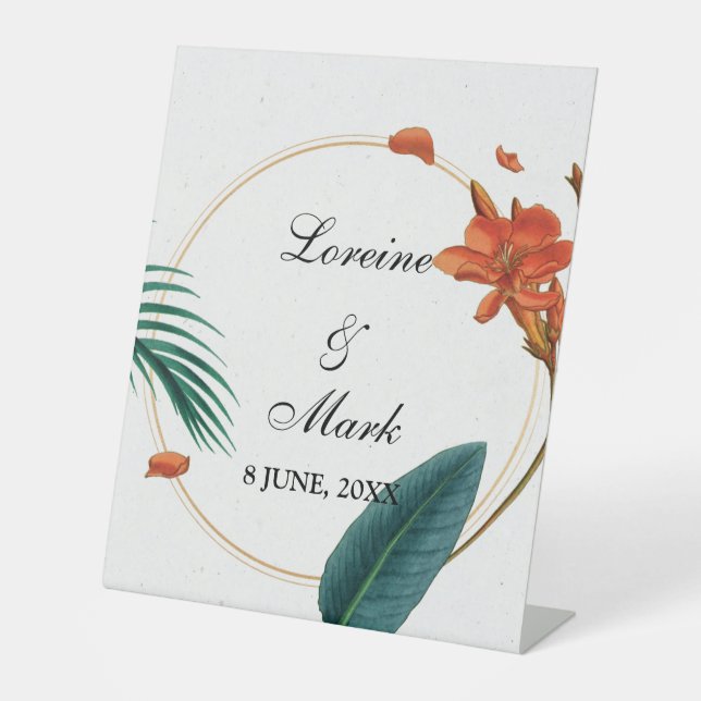Elegant Tropical Floral Wedding Pedestal Sign (Front)