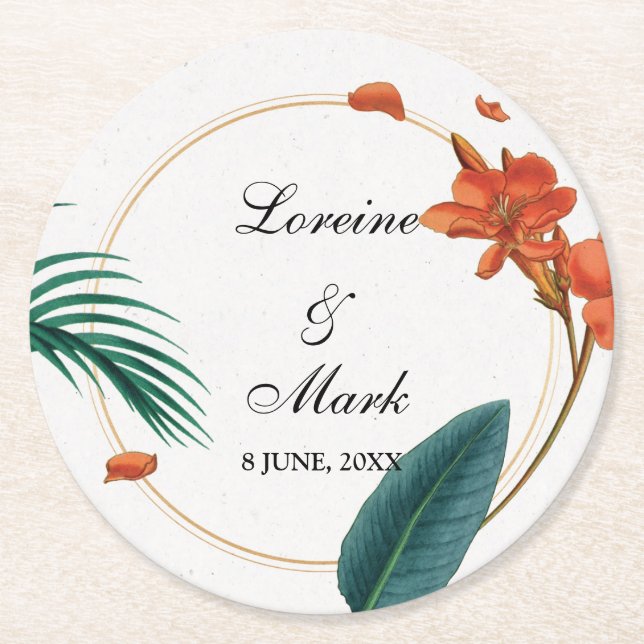 Elegant Tropical Floral Wedding Round Paper Coaster (Front)