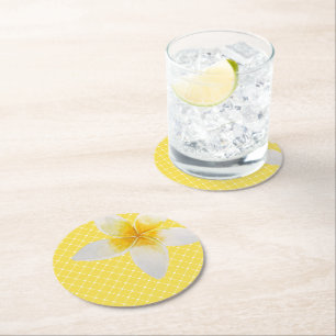 Elegant Tropical Flower & Trellis Pattern   Yellow Round Paper Coaster