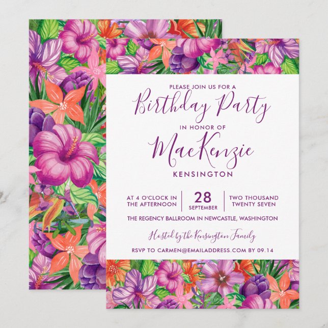 Elegant Tropical Flowers Any Year Birthday Invitation (Front/Back)