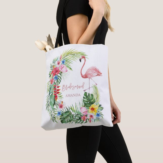Elegant Tropical Flowers Flamingo Bridesmaid Tote Bag (Close Up)