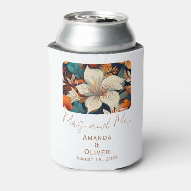 Elegant Tropical Flowers Mrs Mr Floral Wedding Can Cooler (Can Back)