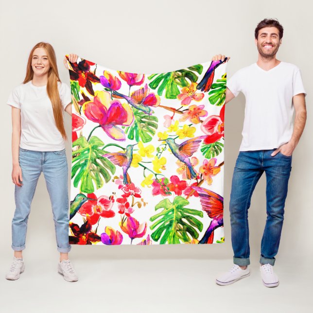 Elegant Tropical Flowers Orchid And Birds Fleece Blanket (In Situ)