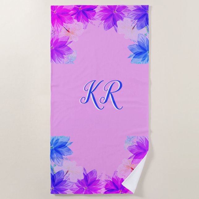 Elegant Tropical Flowers Purple Blue Monogram Beach Towel (Front)