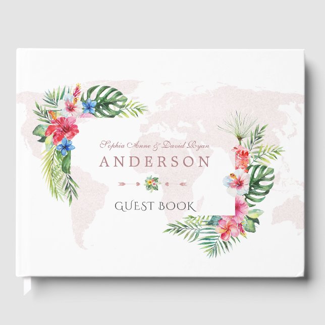 Elegant Tropical Flowers World Map Wedding Guest Book (Front)