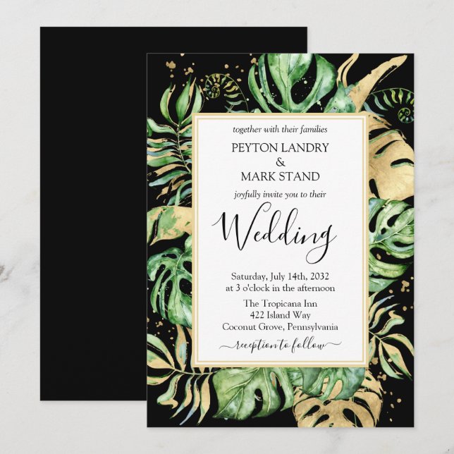 Elegant Tropical Foliage Black & Gold Wedding Invitation (Front/Back)