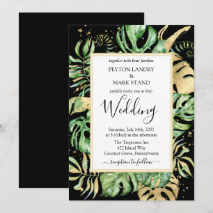 Elegant Tropical Foliage Black & Gold Wedding Invitation