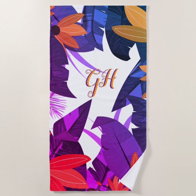 Elegant Tropical Foliage Purple Orange Monogram Beach Towel (Front)