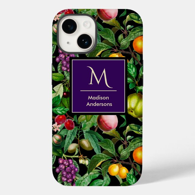 Elegant tropical fruits black pattern monogram Case-Mate iPhone case (Back)