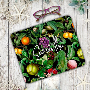 Elegant tropical fruits black pattern monogram mouse mat