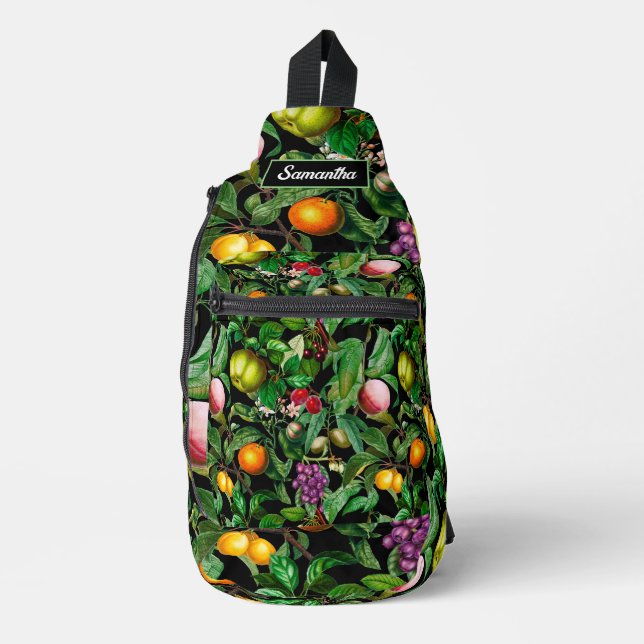 Elegant tropical fruits black pattern monogram  sling bag (Front)