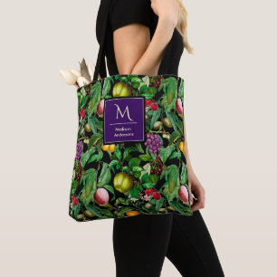 Elegant tropical fruits black pattern monogram tote bag