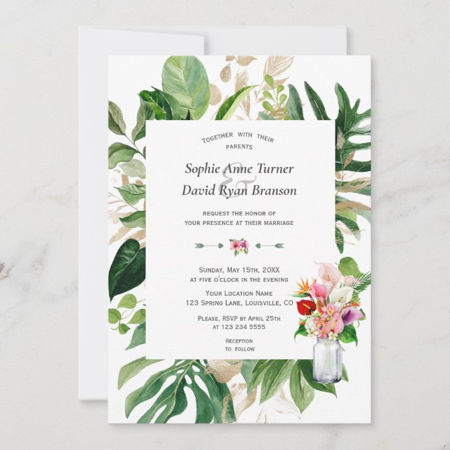Elegant Tropical Garden Flowers Gold Wedding Invitation (Front)
