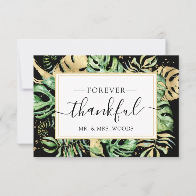 Elegant Tropical Gold & Black Wedding Shower Thank You Card (Front)