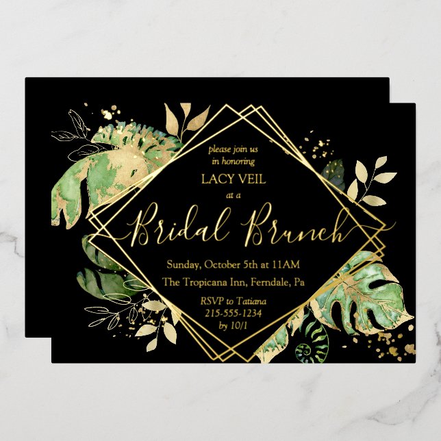 Elegant Tropical Gold Bridal Brunch Black & Gold (Front/Back)