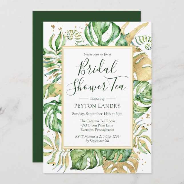 Elegant Tropical Gold Bridal Shower Tea Party Invitation (Front/Back)