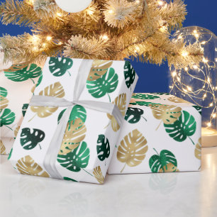 Elegant Tropical Gold & Green Monstera Leaves Wrapping Paper