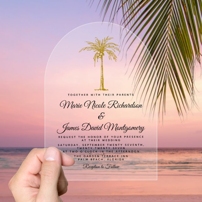 Elegant Tropical Gold Palm Formal Beach Wedding Acrylic Invitations (Elegant Tropical Gold Palm Formal Beach Wedding Acrylic Invitations)