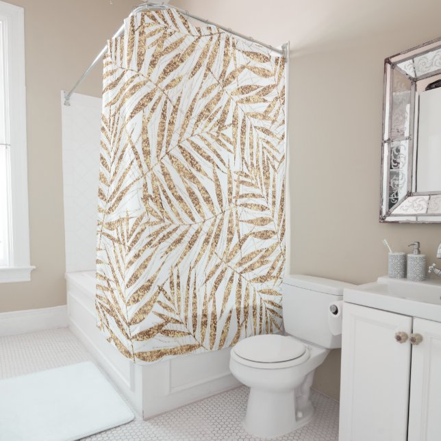 Elegant Tropical Gold Palm Leaves Shower Curtain (In Situ)