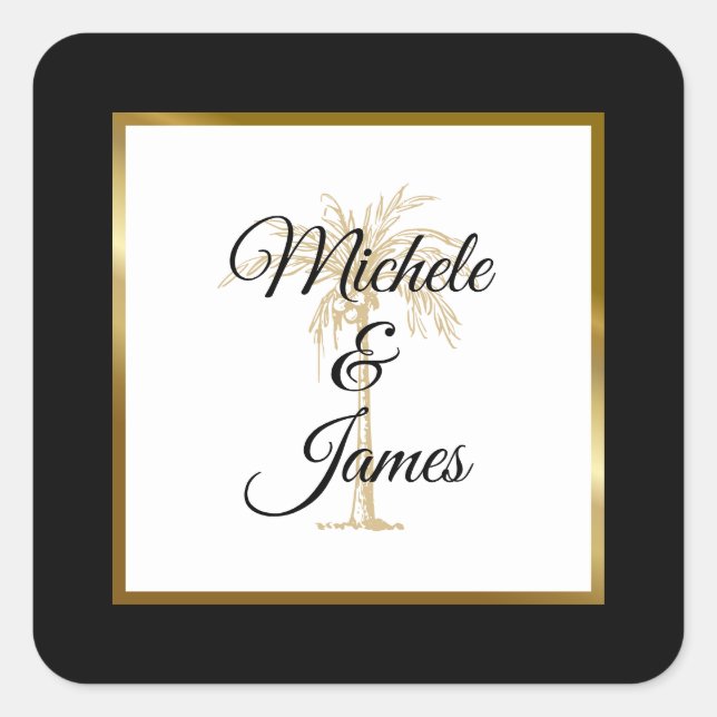 Elegant Tropical Gold Palm Tree Modern Wedding Square Sticker (Front)