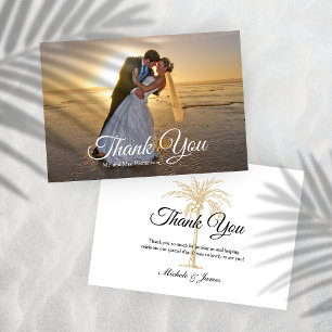 Elegant Tropical Gold Palm Tree Wedding Photo Thank You Card