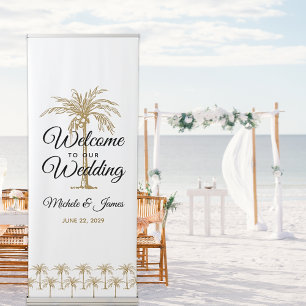 Elegant Tropical Gold Palm Trees Wedding Welcome Retractable Banner