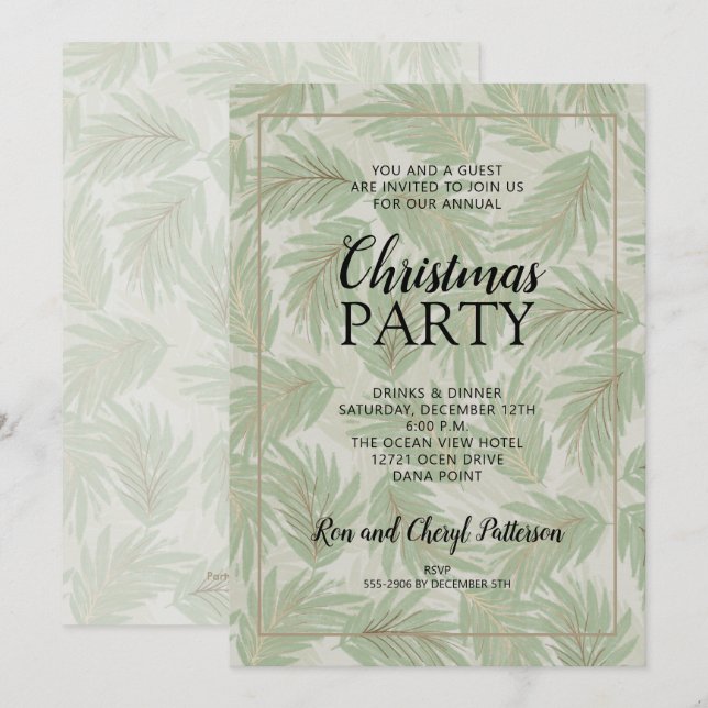 Elegant Tropical Green Christmas Party Invitations (Front/Back)