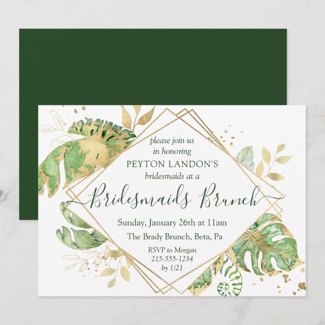 Elegant Tropical Green & Gold Bridesmaids Brunch Invitation (Front/Back)