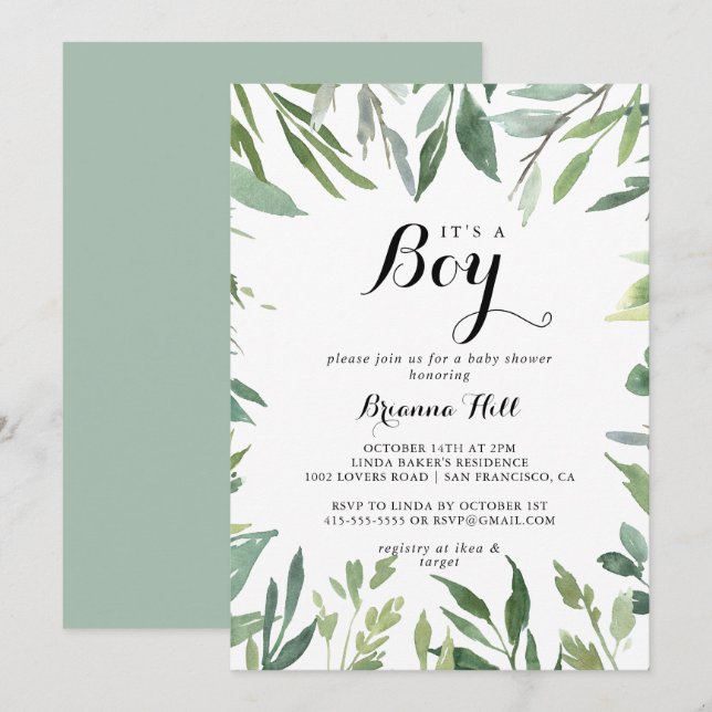 Elegant Tropical Green It's A Boy Baby Shower Invitation (Front/Back)
