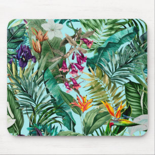 Elegant tropical green leaves floral aqua pattern mouse mat