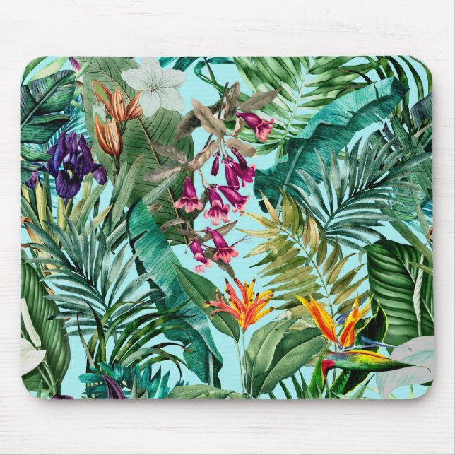Elegant tropical green leaves floral aqua pattern mouse mat (Front)