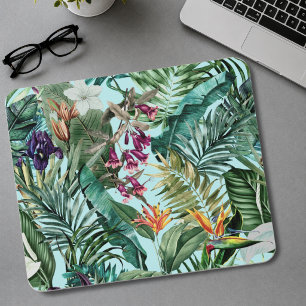 Elegant tropical green leaves floral aqua pattern mouse mat