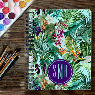 Elegant tropical green leaves floral aqua pattern notebook