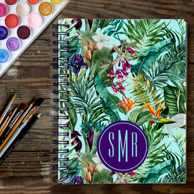 Elegant tropical green leaves floral aqua pattern notebook (Creator Uploaded)
