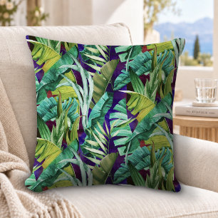 Elegant tropical green leaves purple pattern cushion