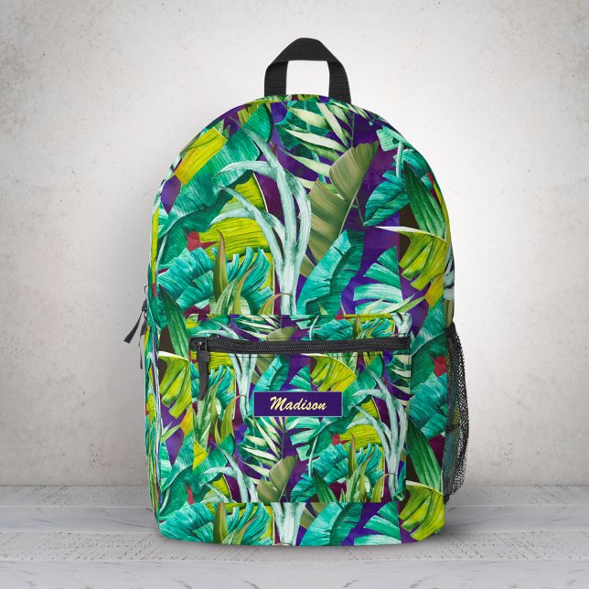 Elegant tropical green leaves purple printed backpack (Creator Uploaded)