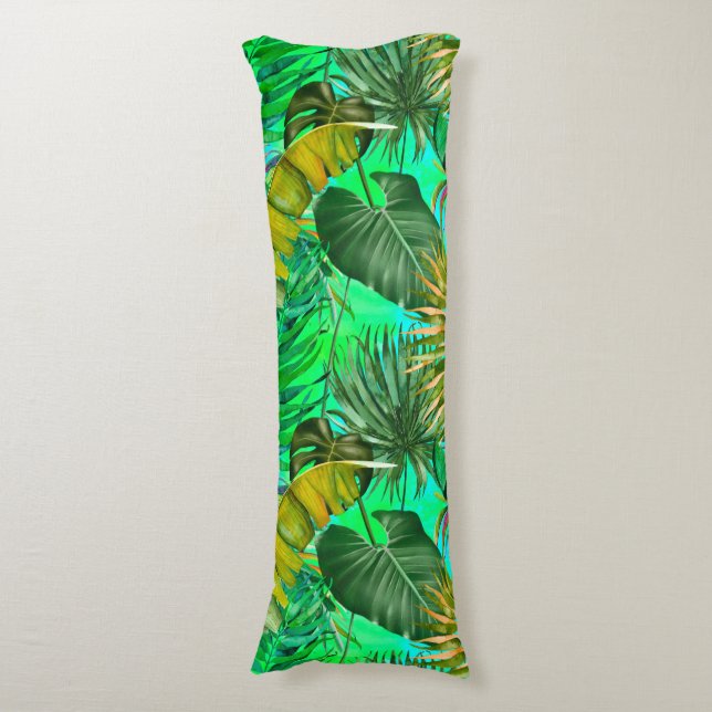 Elegant tropical green leaves yellow blue pattern body cushion (Front Vertical)
