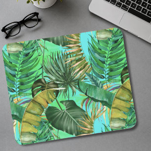 Elegant tropical green leaves yellow blue pattern mouse mat