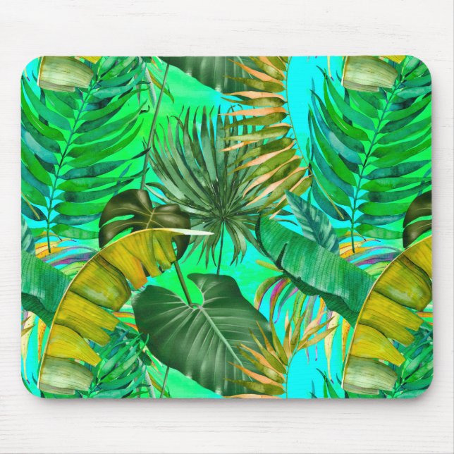 Elegant tropical green leaves yellow blue pattern mouse mat (Front)