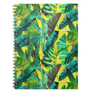 Elegant tropical green leaves yellow pattern notebook