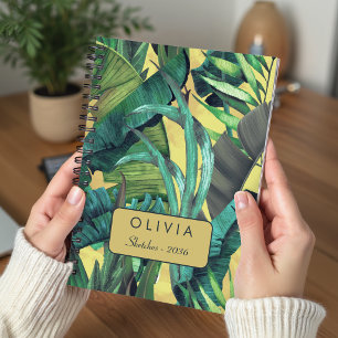 Elegant tropical green leaves yellow pattern notebook