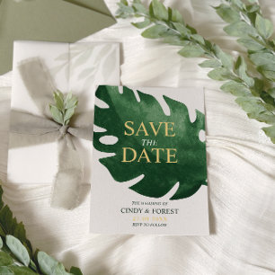 Elegant Tropical Green Monstera Leaf Wedding Save The Date