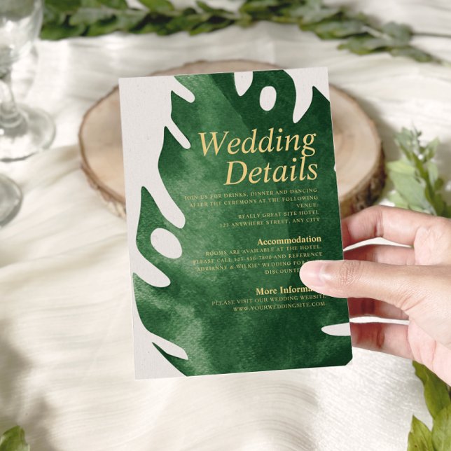 Elegant Tropical Green Monstera Wedding Details Enclosure Card (Creator Uploaded)