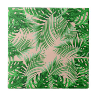 Elegant Tropical green palm leaves pattern pink ba Tile