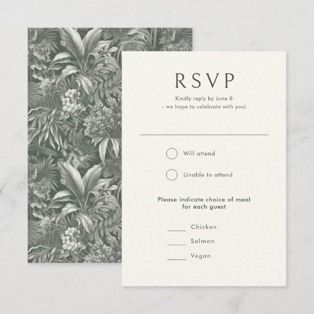 Elegant Tropical Green Vintage Style Wedding RSVP Card (Front/Back)
