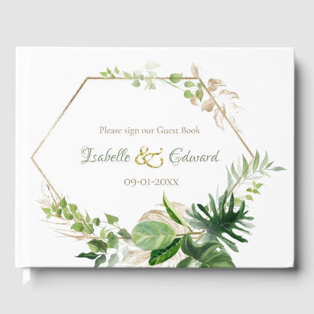 Elegant Tropical Green Watercolor Monstera Leaves  Guest Book (Front)